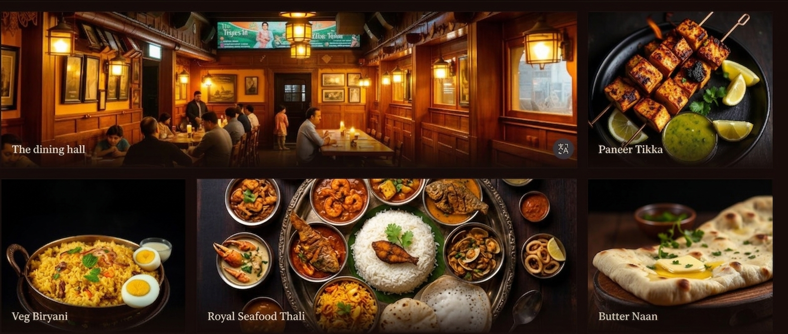 The dining hall · Paneer Tikka · Veg Biryani · Butter Naan